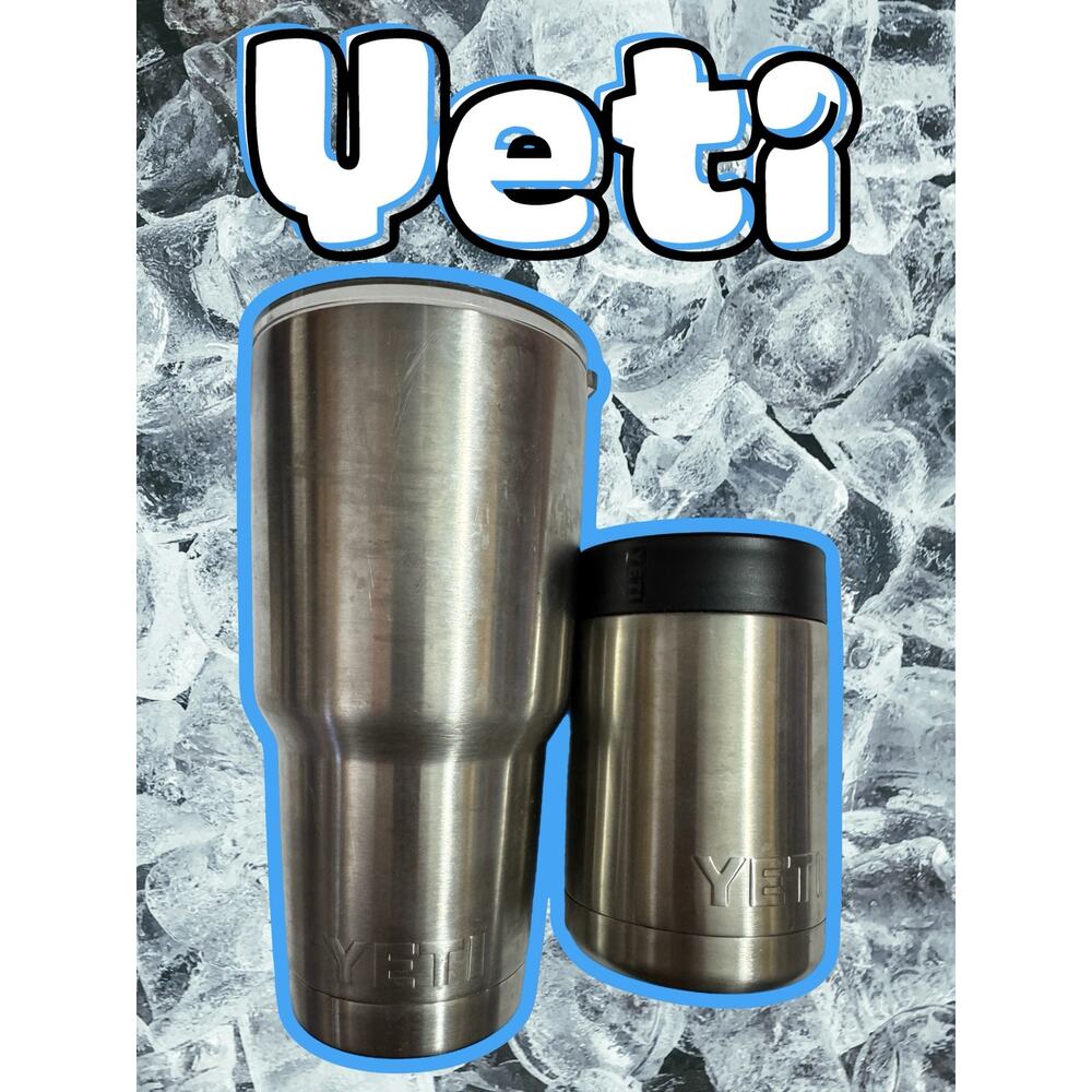Yeti Rambler Tumbler With Lid w/ Can Holder Bundle Both Silver Stainless Steel